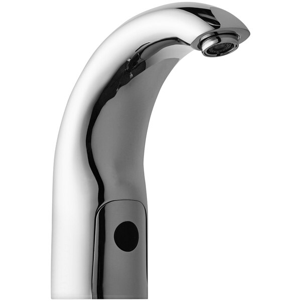 A Chicago Faucets deck-mounted touch-free faucet with a contemporary spout and black handle.