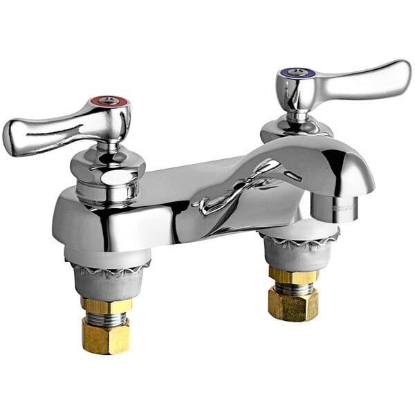 A Chicago Faucets deck-mounted faucet with two handles and a chrome finish.