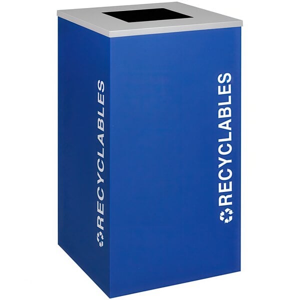 A royal blue square recycling bin with white text reading "Recyclables"