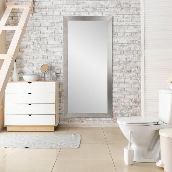 A bathroom with a BrandtWorks silver grain finish mirror over a white toilet.