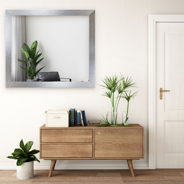 A white room with a BrandtWorks silver grain finish mirror on the wall reflecting a plant in a pot.