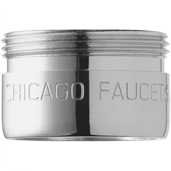 A Chicago Faucets silver and chrome pressure compensating laminar flow outlet with male threads.