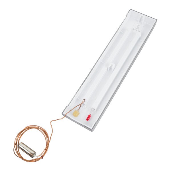 A rectangular white thermometer with a long glass tube and a coiled copper wire attached to a metal probe.