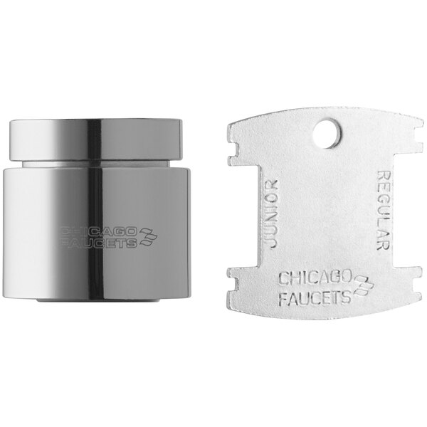 A close-up of a Chicago Faucets laminar flow non-aerating outlet in chrome.