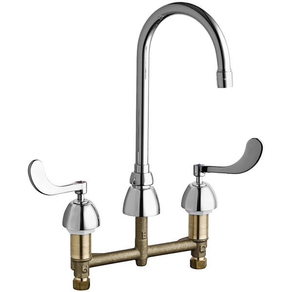 A Chicago Faucets deck-mount faucet with two handles and gooseneck spout.