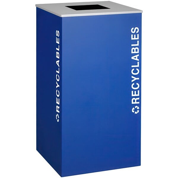 A royal blue square recycling bin with white text that says "Recyclables" on it.