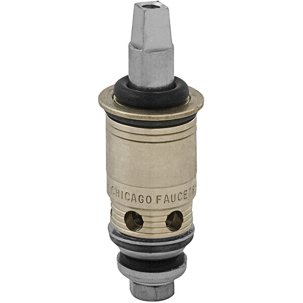 A brass Chicago Faucets left-hand operating cartridge with a black and white cap.