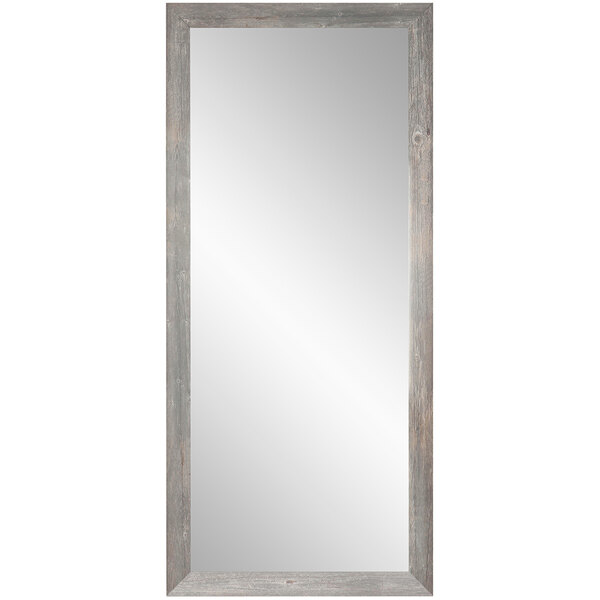 A BrandtWorks rectangular mirror with a gray barnwood frame.