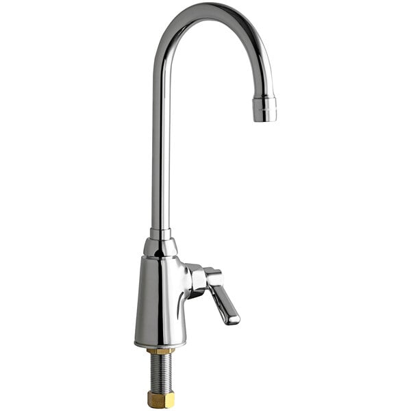 A Chicago Faucets deck-mounted single-supply faucet with a gooseneck spout and a chrome finish.