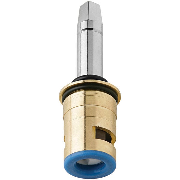 A close-up of a Chicago Faucets brass and blue ceramic cartridge with a long metal stem.