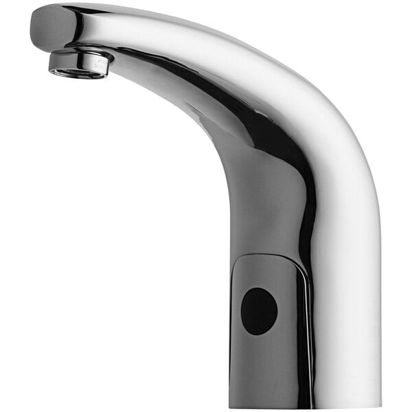 A Chicago Faucets HyTronic touch-free faucet with a traditional spout and black handle.