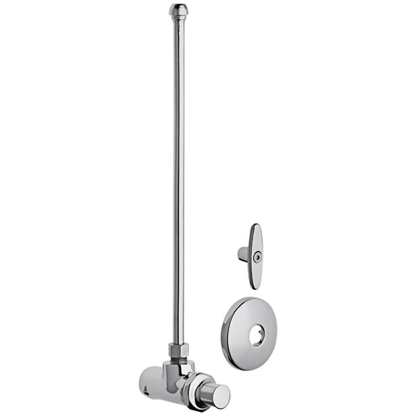 A close-up of a Chicago Faucets angle stop with a supply riser and 3/8" compression outlet.