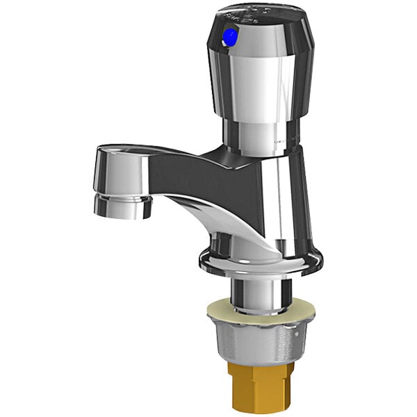 A silver Chicago Faucets metering faucet with a blue handle and yellow button.