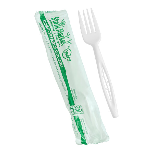 A wrapped Stalk Market white plastic fork.