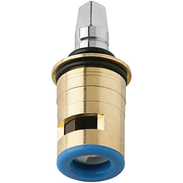 A close-up of a brass and blue threaded Chicago Faucets operating cartridge.