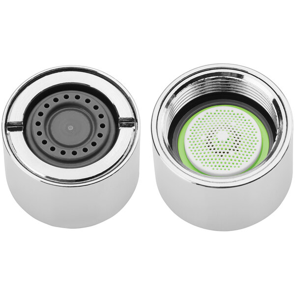 A close-up of two Chicago Faucets Econo-Flo non-aerating laminar spray outlets with a round adapter and green vandal outlet keys.
