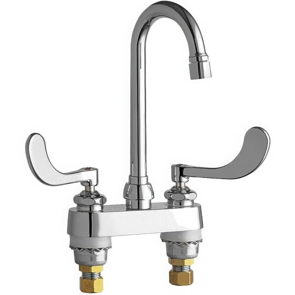 A chrome Chicago Faucets deck-mounted faucet with two handles and a gooseneck spout.