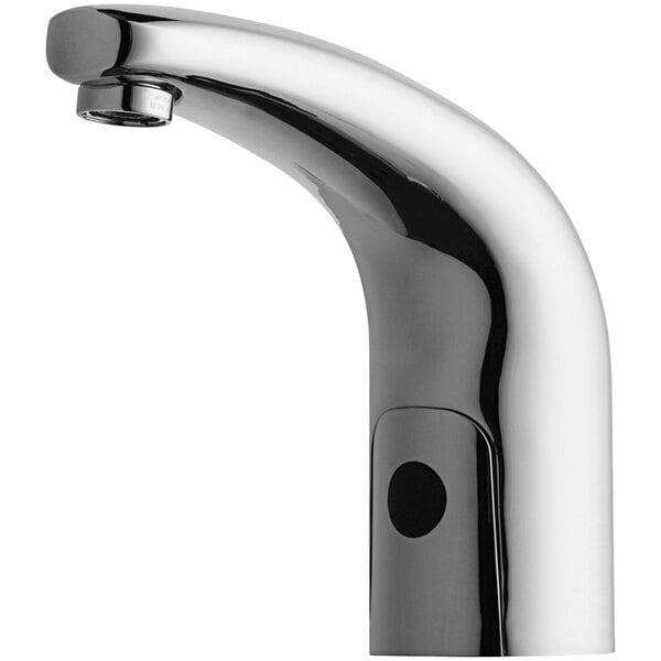 A chrome Chicago Faucets touch-free faucet with a black handle.