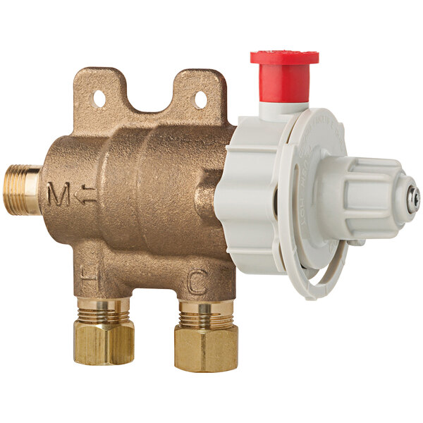 A Chicago Faucets thermostatic mixing valve with red and white knobs.