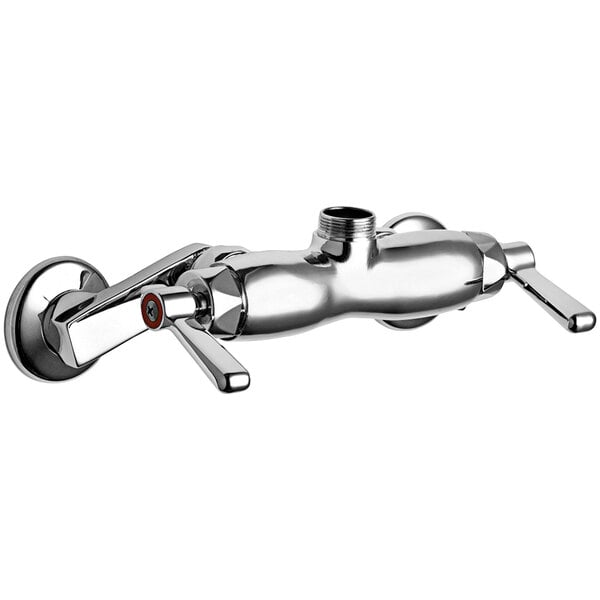 A silver Chicago Faucets wall-mounted faucet base with adjustable centers on a white background.