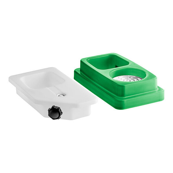 A green and white plastic PourAway lid for a liquid waste disposal tank.