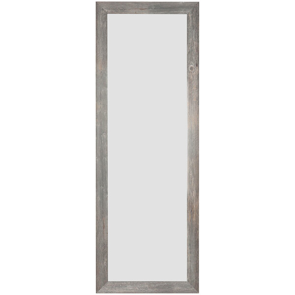 A rectangular wooden mirror frame with a barnwood gray finish.