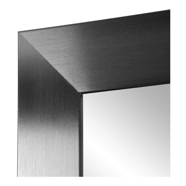 A close-up of a black rectangular mirror with a silver frame.