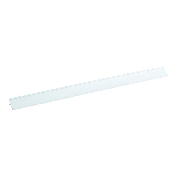 A white rectangular plastic shelf tag holder with a hole in the middle.