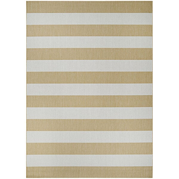 A Couristan Afuera Yacht Club butterscotch and ivory striped area rug with a white border.