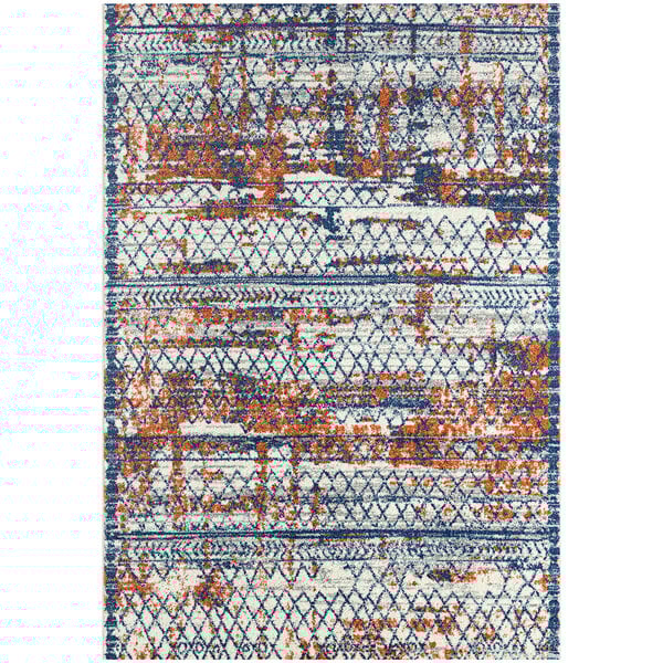 An Abani Casa Collection area rug with blue and orange geometric patterns.