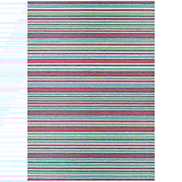 A close up of a purple Couristan Cape Brockton area rug with red, green, and blue stripes.