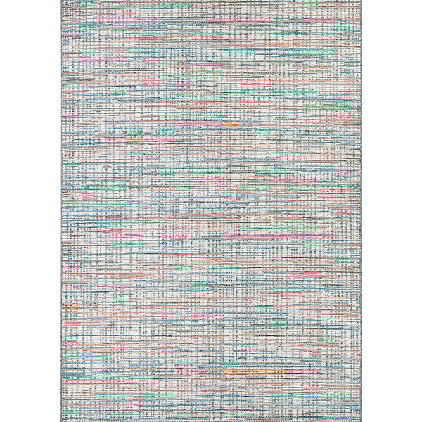 A Couristan Cape Falmouth ivory and coral runner rug with a blue and grey pattern.