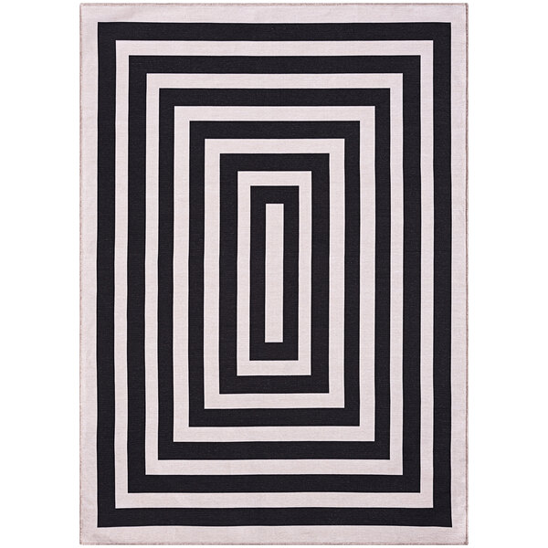 A cream and black rectangular striped area rug with a square design.