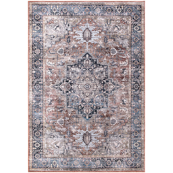 An Abani Lola Collection vintage medallion area rug with a blue and brown pattern.