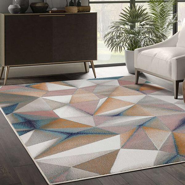 An Abani Arto multicolor area rug with geometric shapes including triangles.