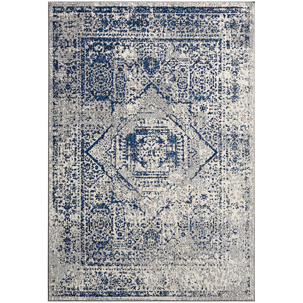 A close up of a blue and grey vintage Abani Casa Collection area rug with an intricate pattern.