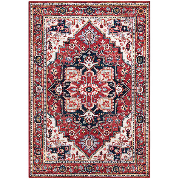 An Abani Molana Collection red vintage traditional area rug with a white and blue intricate medallion design.