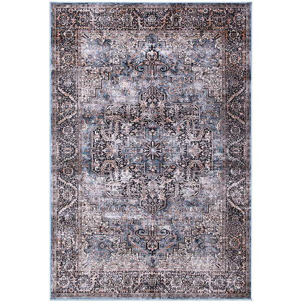 An Abani Lola Collection area rug with a vintage floral medallion pattern in blue and brown.