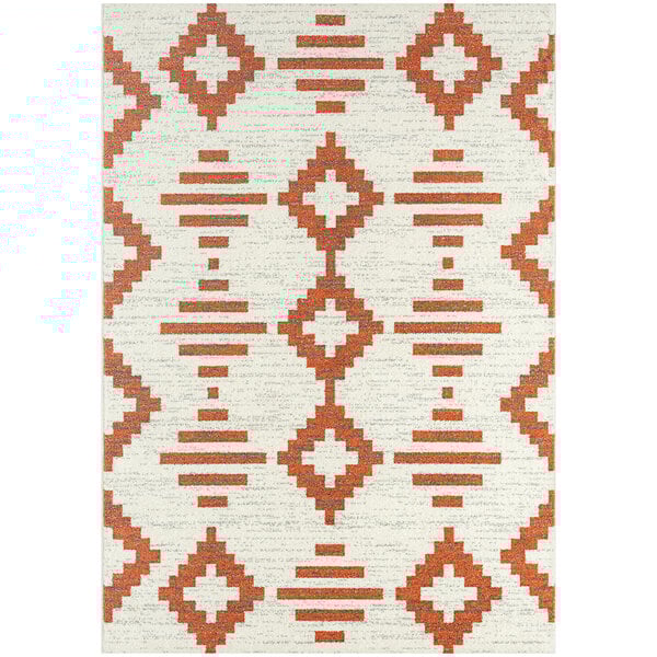An orange and white Abani Casa Collection area rug with geometric designs.