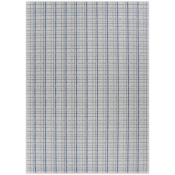 A Couristan area rug with a grid pattern in ivory and blue.
