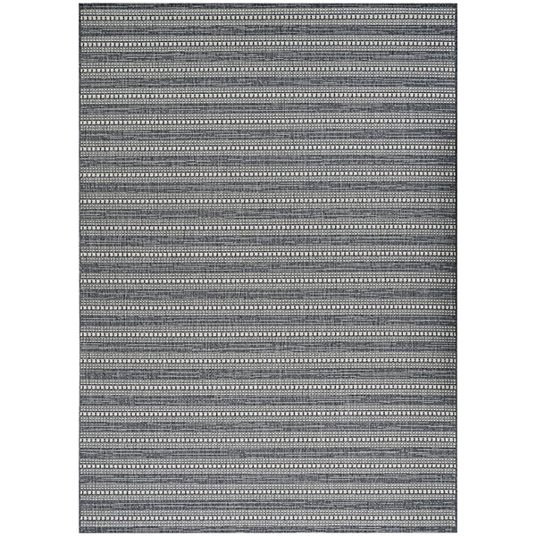 A Couristan Afuera Beachcomber runner rug with gray and white stripes and a small design.