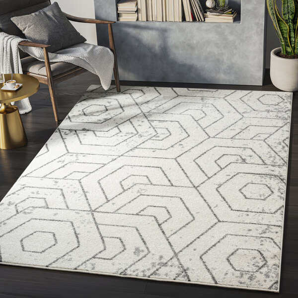 An Abani Casa Collection gray and cream hexagon area rug with geometric patterns in a room.