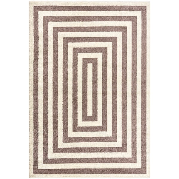 A beige and cream rectangular area rug with a square pattern.