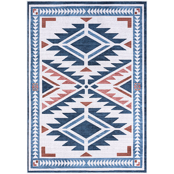 An Abani Molana Collection beige rug with a southwestern diamond pattern in blue and red.