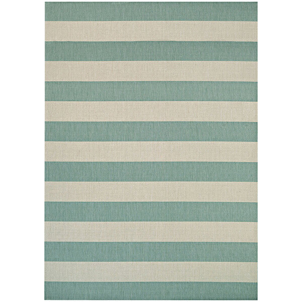 A close up of a Couristan Afuera Yacht Club area rug with stripes in aqua and white.