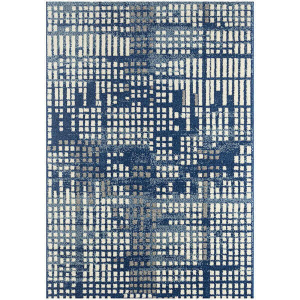 An Abani Casa Collection cream and navy area rug with abstract squares in blue and white.