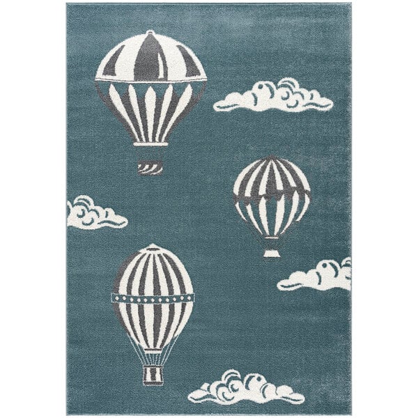 A white and blue area rug with a blue and white hot air balloon flying over clouds.