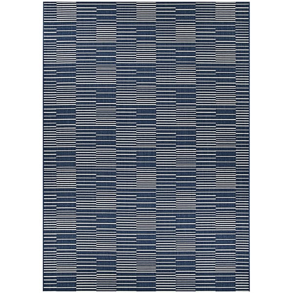 A close up of a Couristan Afuera Regatta marine and shell striped runner rug.