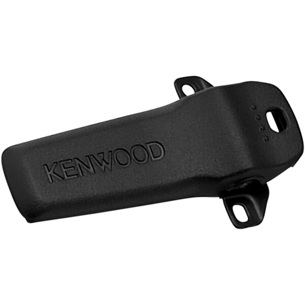 A Kenwood black plastic spring action belt clip.