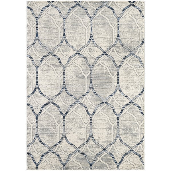 A close up of an Abani Arto Collection cream and gray geometric trellis area rug.